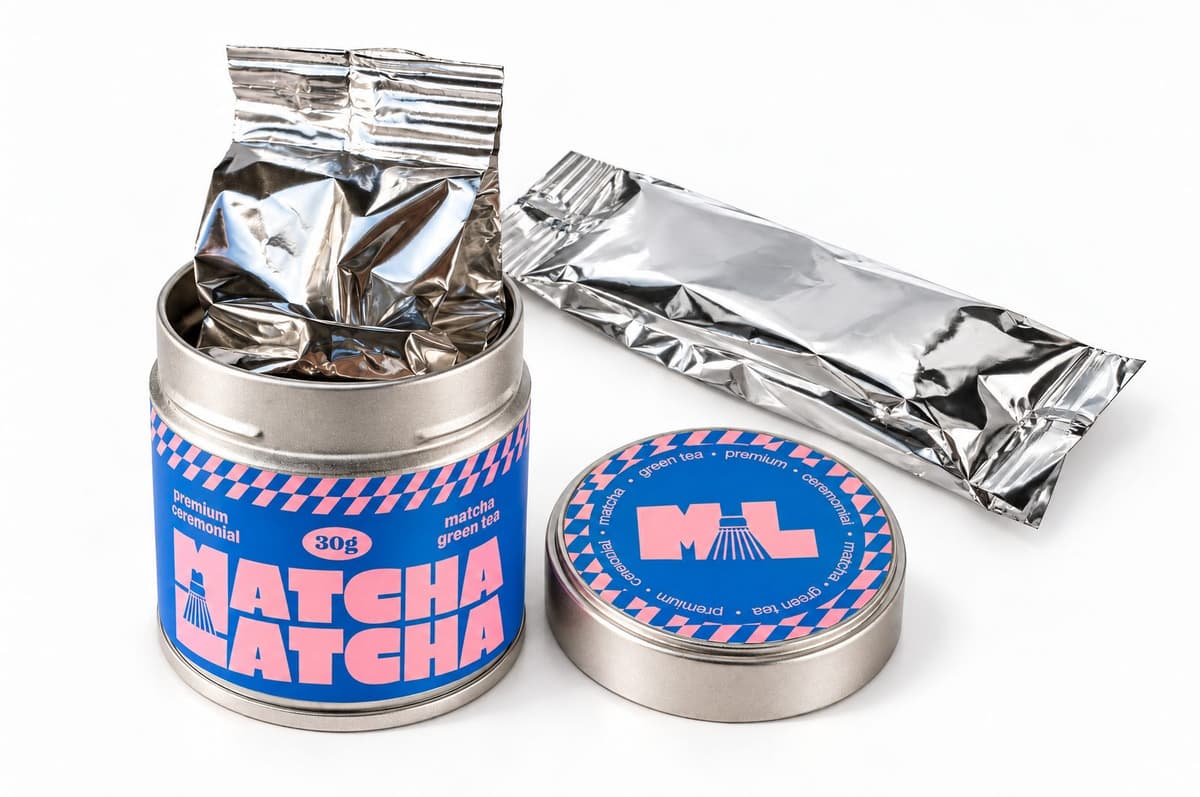 Balenie Matcha Latcha – plechovka s ochranným vreckom